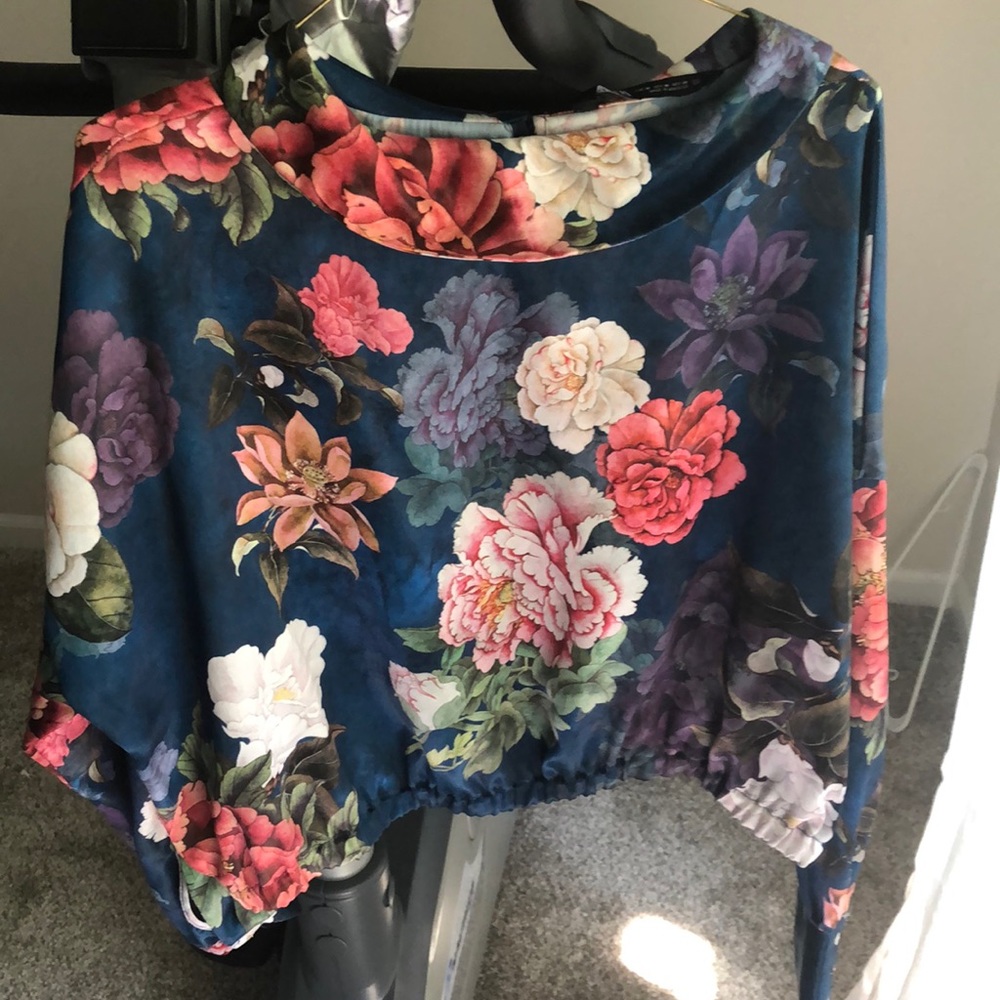 Zara - Floral Print Satin Cropped Shirt - Multicolored - Female